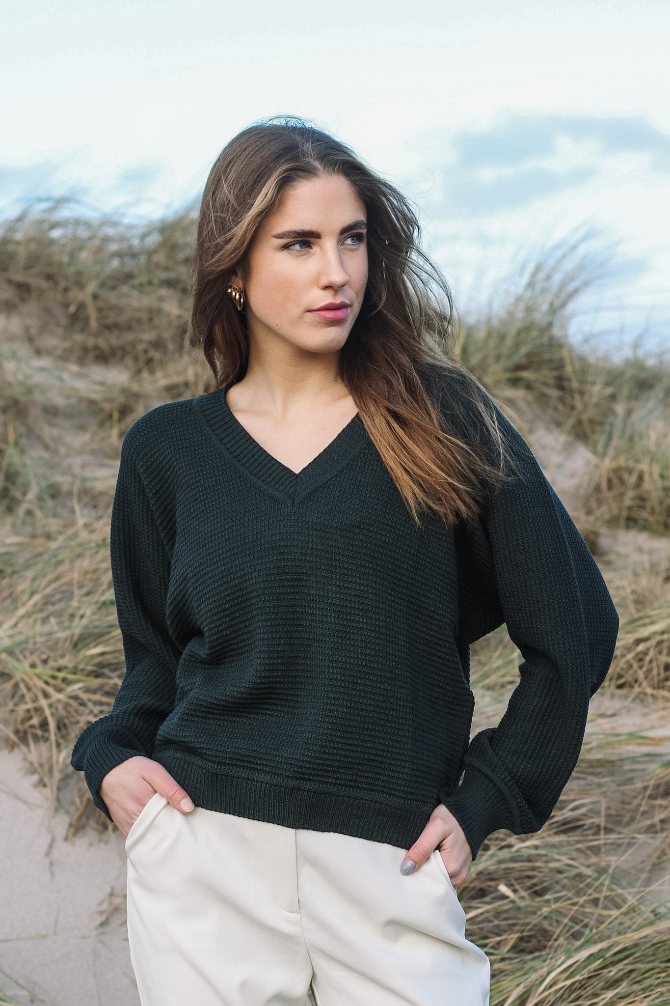 Lässiger Struktur V-Pullover